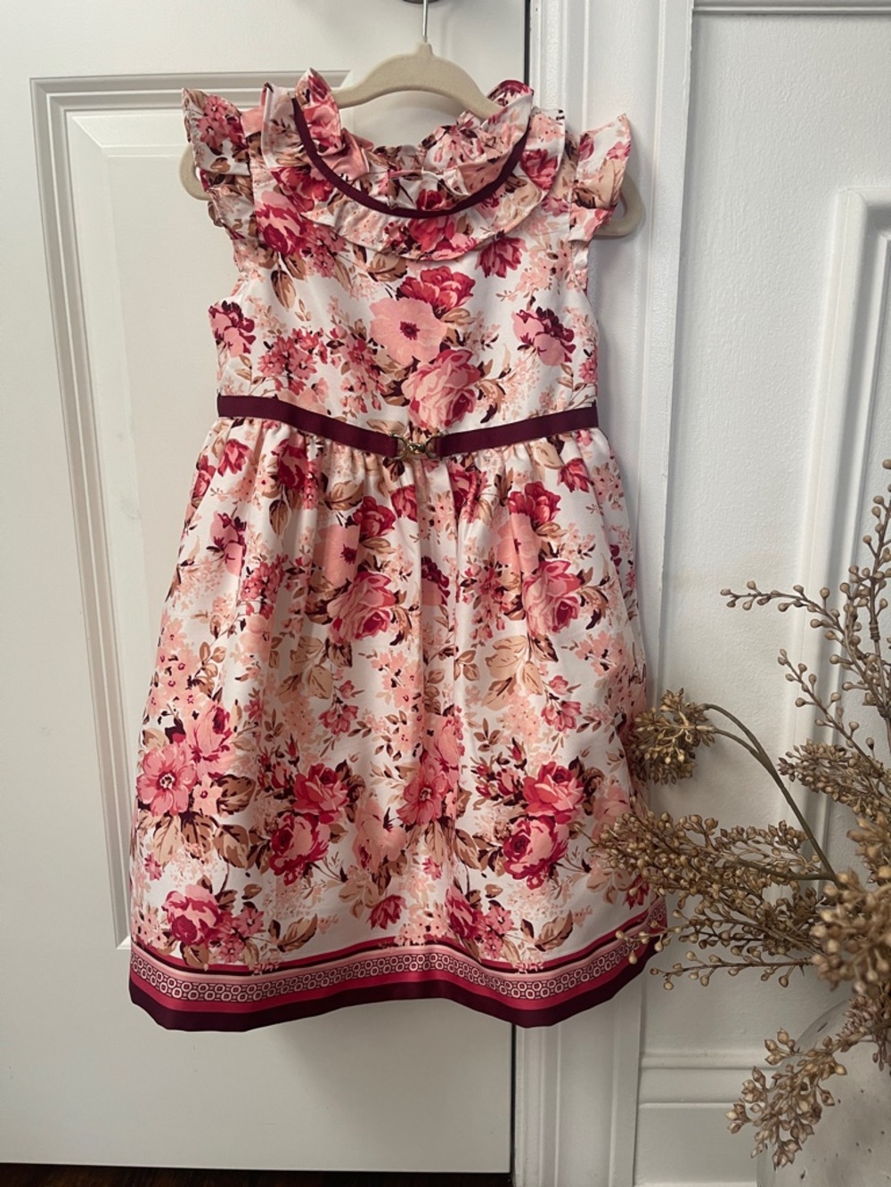 Janie and Jack Cream Floral Dress with Pink and Burgundy Accents